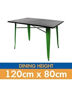 Tolix Style Dining Table - 120cm x 80cm Rectangle - Gloss Green with Dark Oak Top