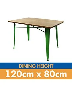 Tolix Style Dining Table - 120cm x 80cm Rectangle - Gloss Green with Light Oak Top