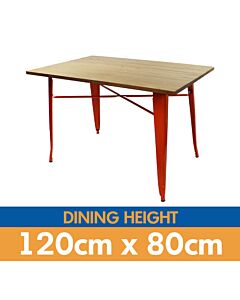 Tolix Style Dining Table - 120cm x 80cm Rectangle - Gloss Orange with Light Oak Top
