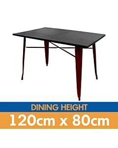 Tolix Style Dining Table - 120cm x 80cm Rectangle - Gloss Red with Dark Oak Top