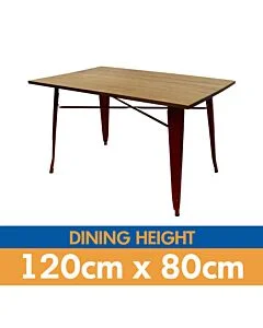 Tolix Style Dining Table - 120cm x 80cm Rectangle - Gloss Red with Light Oak Top