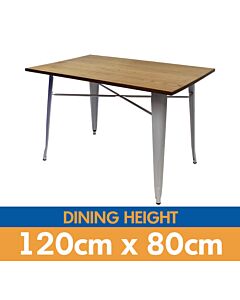 Tolix Style Dining Table - 120cm x 80cm Rectangle - Gloss White with Light Oak Top