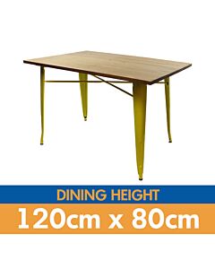 Tolix Style Dining Table - 120cm x 80cm Rectangle - Gloss Yellow with Light Oak Top