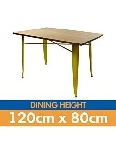 Tolix Style Dining Table - 120cm x 80cm Rectangle - Gloss Yellow with Light Oak Top