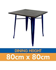 Tolix Style Dining Table - 80cm Square - Gloss Blue with Wooden Top - Dark Oak