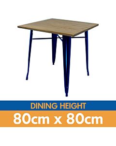 Tolix Style Dining Table - 80cm Square - Gloss Blue with Wooden Top - Light Oak