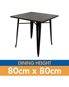 Tolix Style Dining Table - 80cm Square - Gloss Black with Wooden Top - Dark Oak
