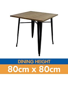 Tolix Style Dining Table - 80cm Square - Gloss Black with Wooden Top - Light Oak