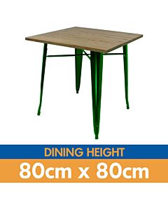 Tolix Style Dining Table - 80cm Square - Gloss Green with Wooden Top - Light Oak