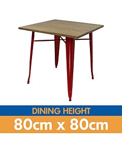 Tolix Style Dining Table - 80cm Square - Gloss Red with Wooden Top - Light Oak