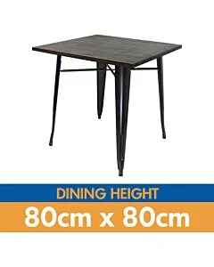 Tolix Style Dining Table - 80cm Square - Gloss Gun Metal Grey with Wooden Top - Dark Oak