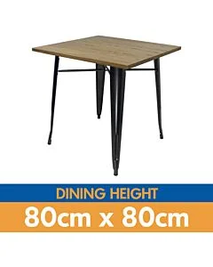 Tolix Style Dining Table - 80cm Square - Gloss Gun Metal Grey with Wooden Top - Light Oak