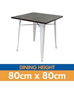 Tolix Style Dining Table - 80cm Square - Gloss White with Wooden Top - Dark Oak