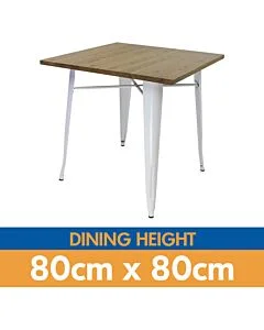 Tolix Style Dining Table - 80cm Square - Gloss White with Wooden Top - Light Oak
