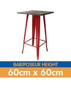 Tolix Style Bar Table - 60cm Square - Gloss Red with Wooden Top - Dark Oak