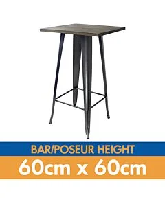 Tolix Style Bar Table - 60cm Square - Gloss Gun Metal Grey with Wooden Top - Dark Oak