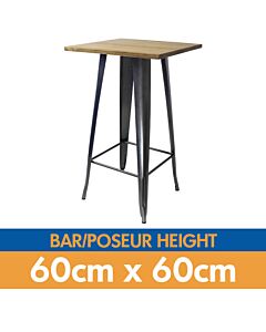 Tolix Style Bar Table - 60cm Square - Gloss Gun Metal Grey with Wooden Top - Light Oak