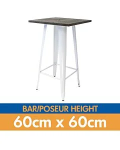 Tolix Style Bar Table - 60cm Square - Gloss White with Wooden Top - Dark Oak