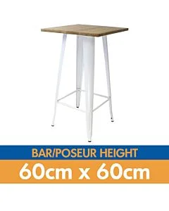Tolix Style Bar Table - 60cm Square - Gloss White with Wooden Top - Light Oak