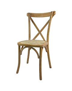 Profile view of Oak Frame Distressed Finish Crossback Banqueting Chair with Rattan Seat Pad