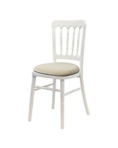 Profile view of White Cheltenham Banqueting Chair with Ivory Seat Pad