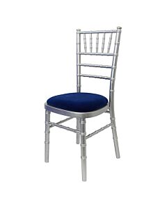 Profile view of Silver Chiavari Banqueting Chair with Blue Seat Pad