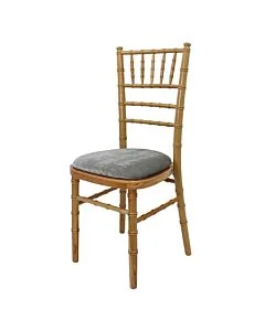 Profile view of Natural Chiavari Banqueting Chair with Light Grey Seat Pad