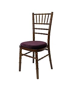 Profile view of Walnut Chiavari Banqueting Chair with Purple Seat Pad