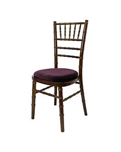 Profile view of Walnut Chiavari Banqueting Chair with Purple Seat Pad