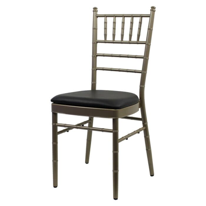 Profile View of Aluminium Chiavari Banqueting Chair with Black Vinyl Seat Pad