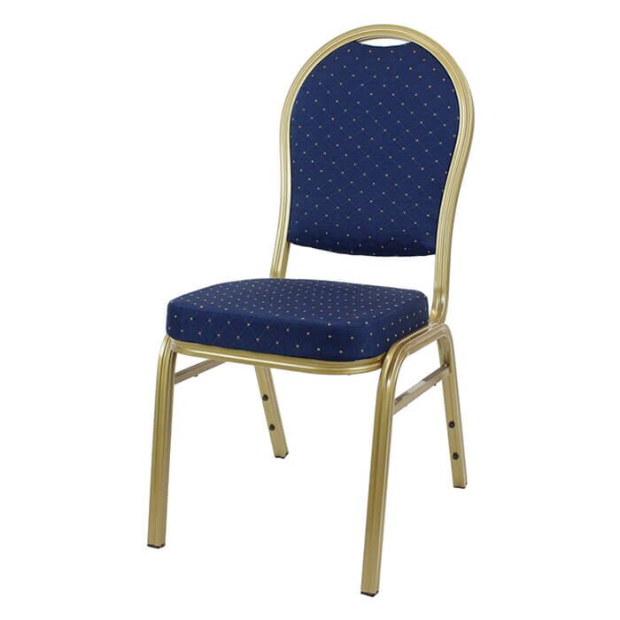 Profile view of Round Back Aluminium Banqueting Chair in Blue Fabric
