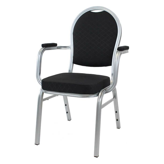 Profile view of Round Back Aluminium Banqueting Chair with Arms in Black Fabric