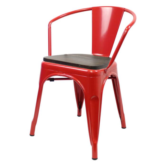 Red Tolix Style Stacking Side Chair with Arms and Wooden Seat
