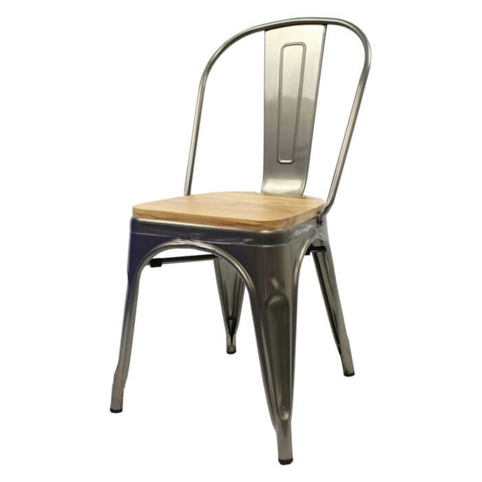 Tolix Style Side Chair Industrial Grey with Wooden Seat