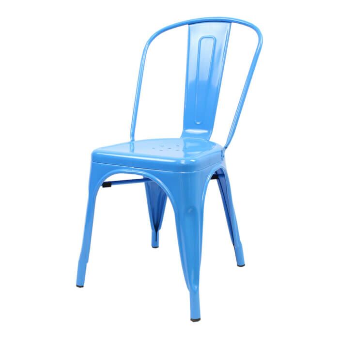 Profile view of Blue Tolix Side Chair