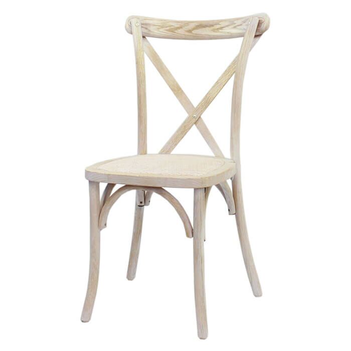 Profile view of Oak Frame Limewash Finish Crossback Banqueting Chair with Rattan Pad
