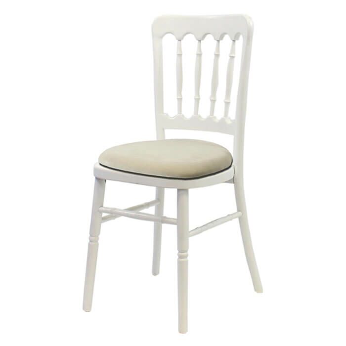 Profile view of White Cheltenham Banqueting Chair with Ivory Seat Pad