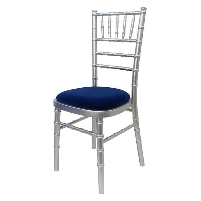 Profile view of Silver Chiavari Banqueting Chair with Blue Seat Pad