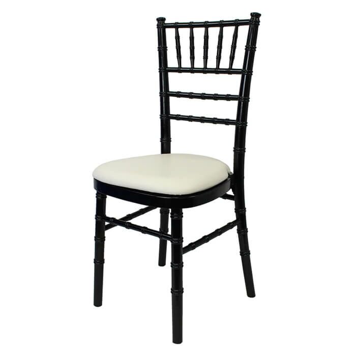 Profile view of Black Chiavari Banqueting Chair with White Vinyl Seat Pad