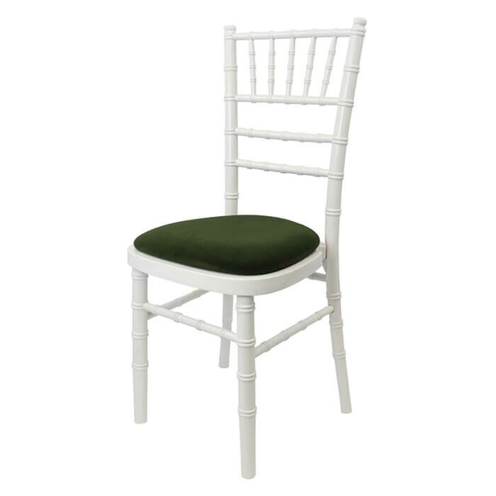 Profile view of White Chiavari Banqueting Chair with Green Seat Pad