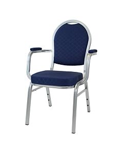 Profile view of Round Back Aluminium Banqueting Chair with Arms in Blue Fabric