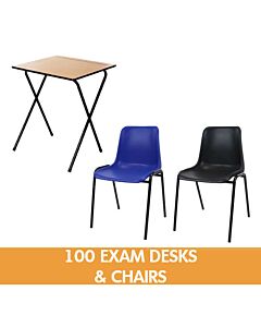 100 Folding Exam Desks and Plastic Stacking Chairs Bundle
