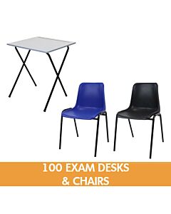 100 Folding Exam Desks and Plastic Stacking Chairs Bundle - Grey