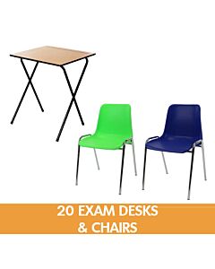 20 Folding Exam Desks and Plastic Stacking Chairs Bundle