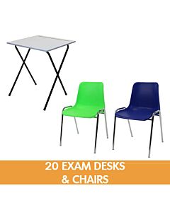 20 Folding Exam Desks and Plastic Stacking Chairs Bundle - Grey