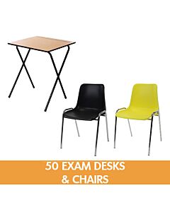50 Folding Exam Desks and Plastic Stacking Chairs Bundle