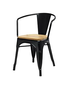 Tolix Style Armchair Gloss Black with Wooden Seat