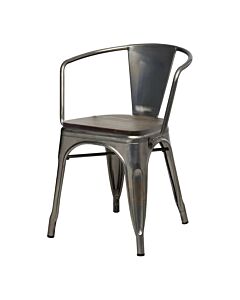 Tolix Style Armchair Industrial Grey with Wooden Seat