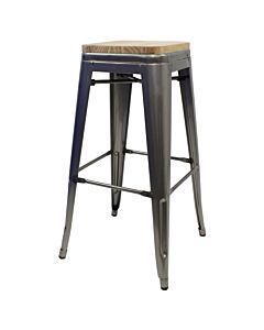Tolix Style 76cm Bar Height Stool Industrial Grey with Wooden Seat