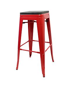 Tolix Style 76cm Bar Height Stool Red with Wooden Seat
